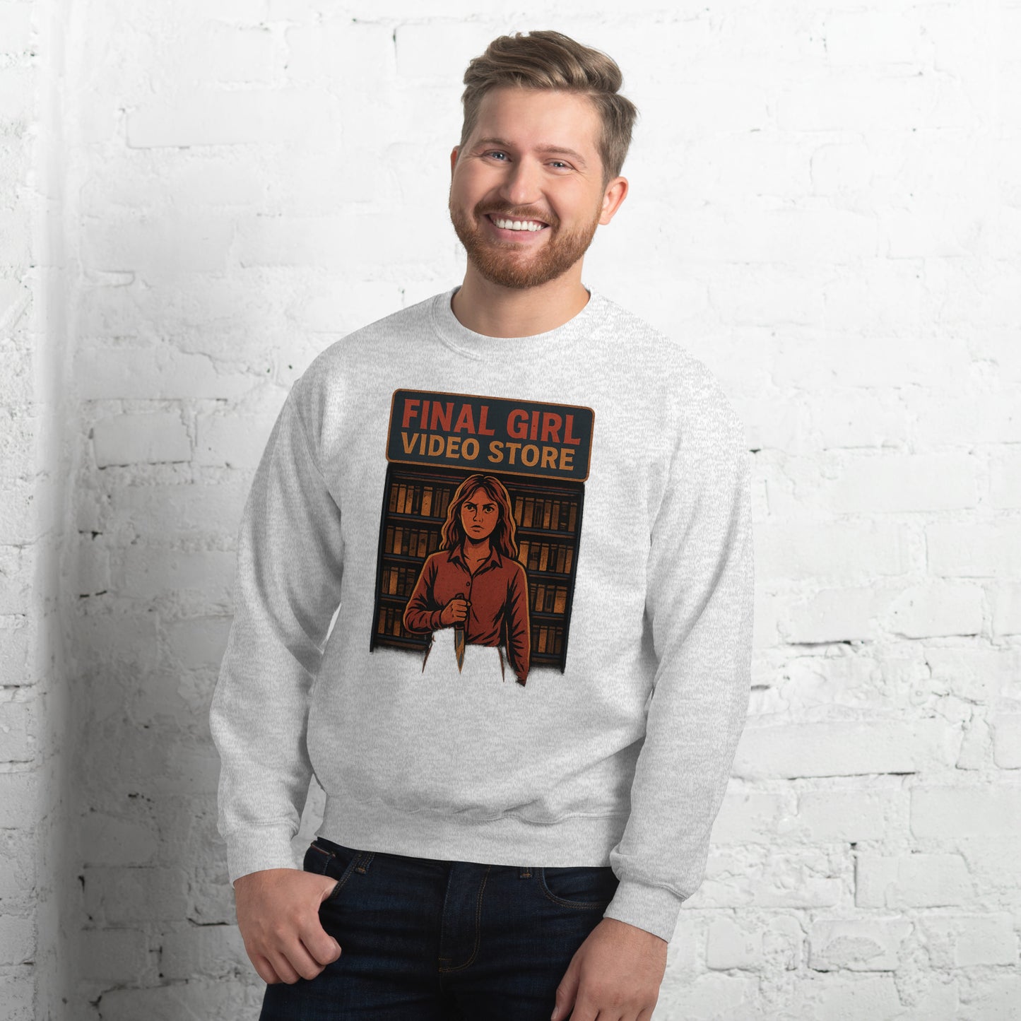 Final Girl Video Store Unisex Sweatshirt from Rare Plus Apparel – unique movie & pop culture inspired design.
