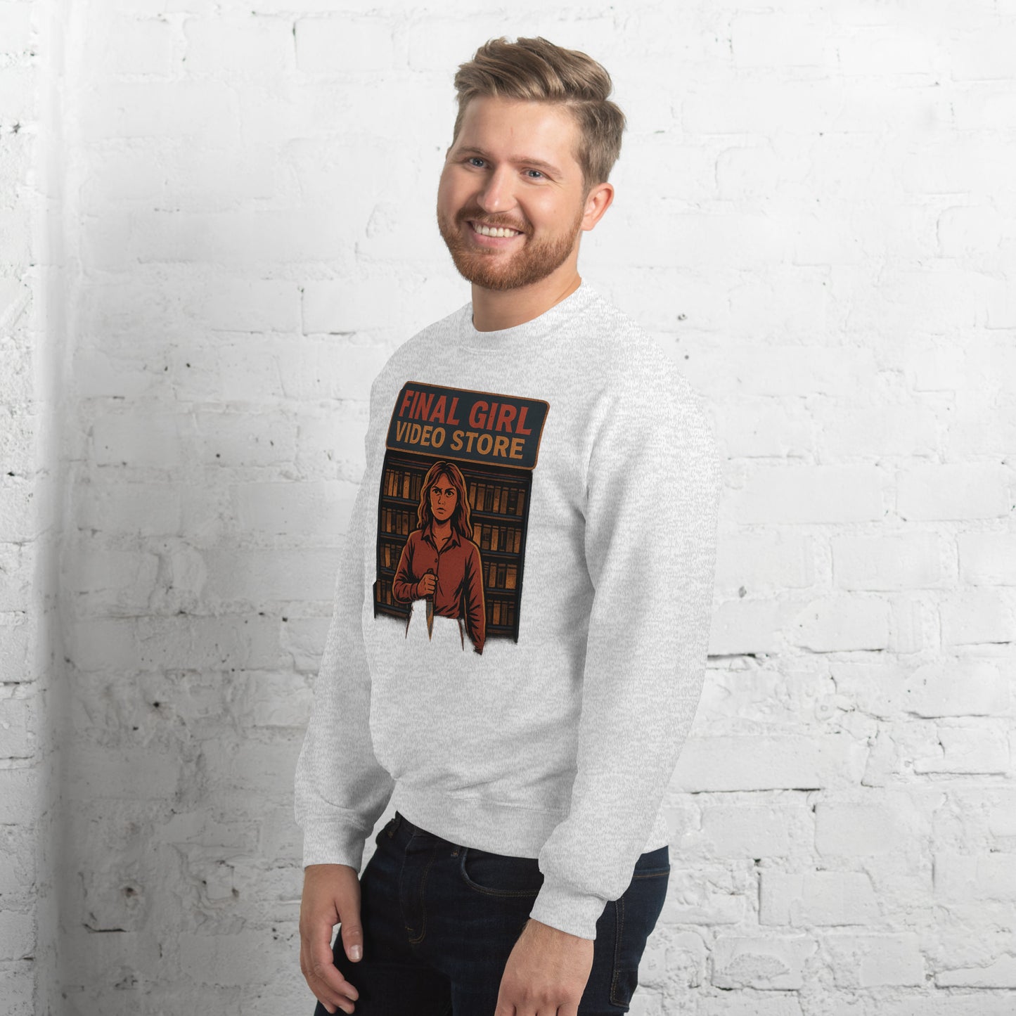 Final Girl Video Store Unisex Sweatshirt from Rare Plus Apparel – unique movie & pop culture inspired design.