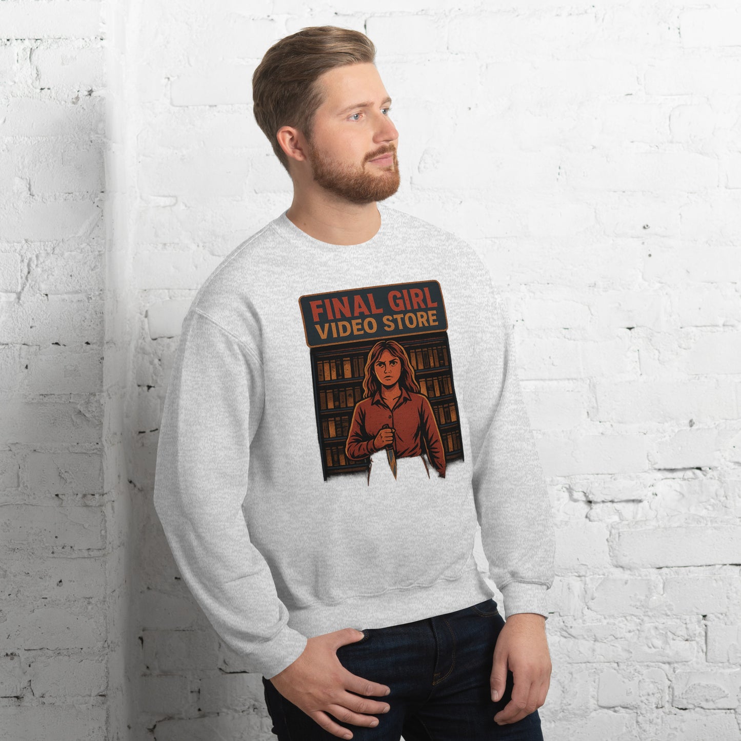 Final Girl Video Store Unisex Sweatshirt from Rare Plus Apparel – unique movie & pop culture inspired design.