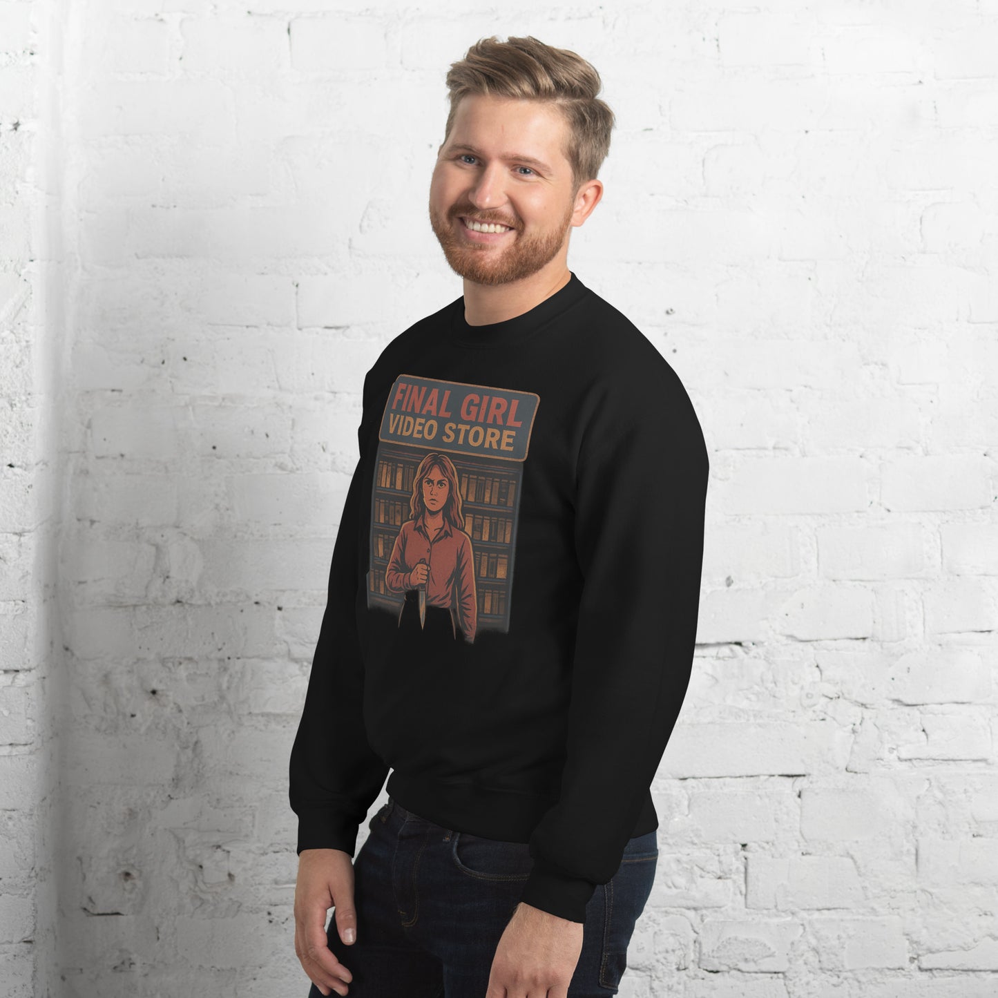 Final Girl Video Store Unisex Sweatshirt from Rare Plus Apparel – unique movie & pop culture inspired design.