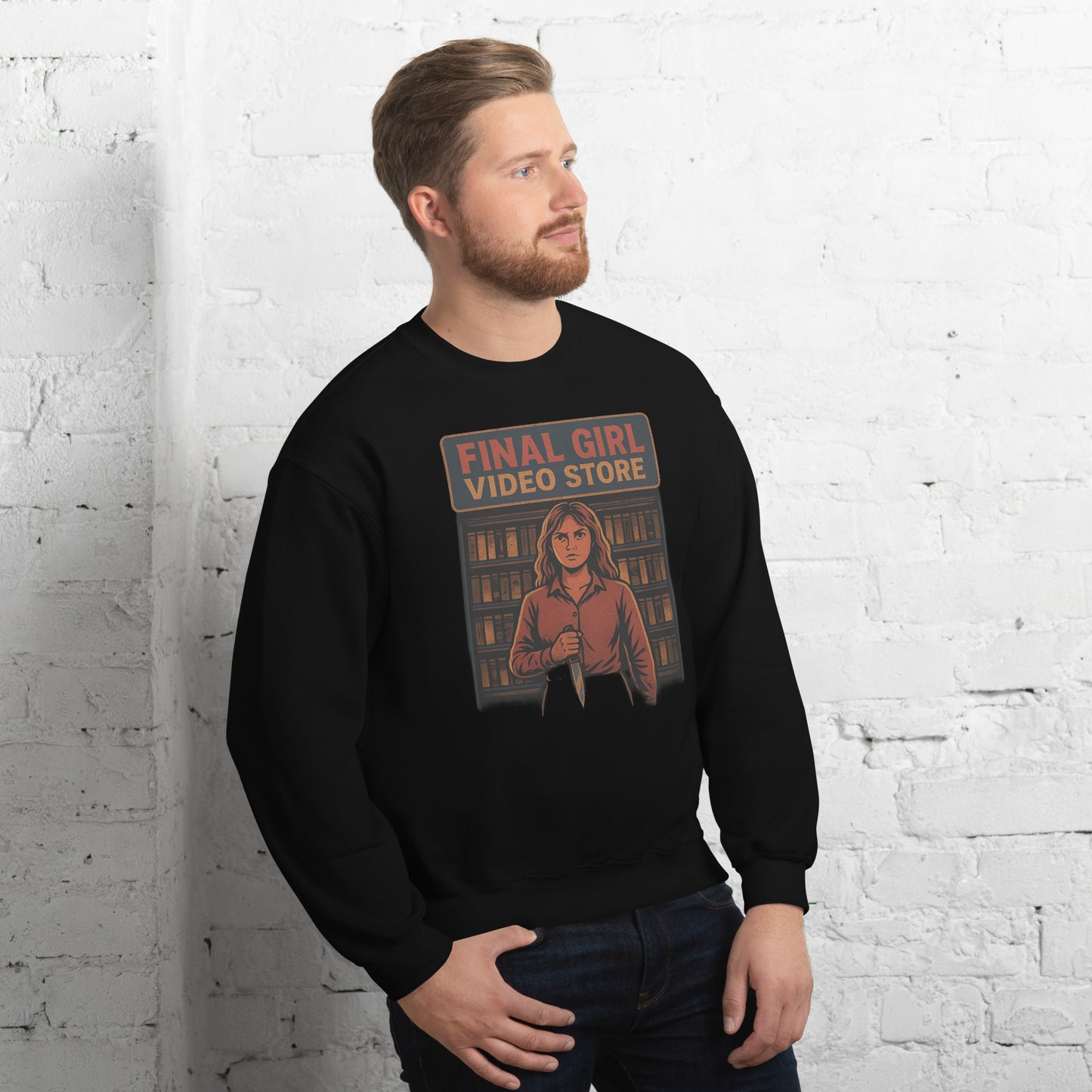 Final Girl Video Store Unisex Sweatshirt from Rare Plus Apparel – unique movie & pop culture inspired design.