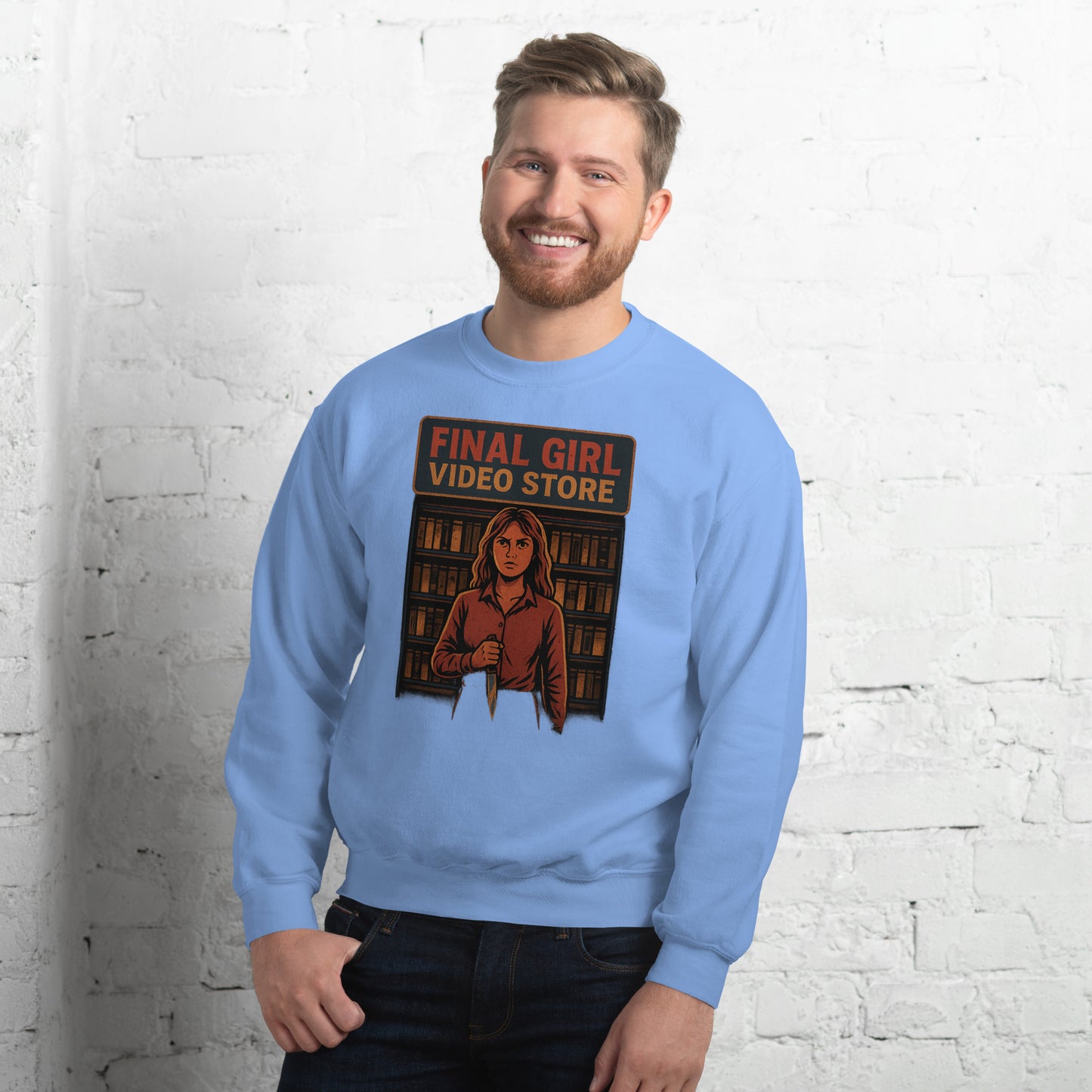 Final Girl Video Store Unisex Sweatshirt from Rare Plus Apparel – unique movie & pop culture inspired design.