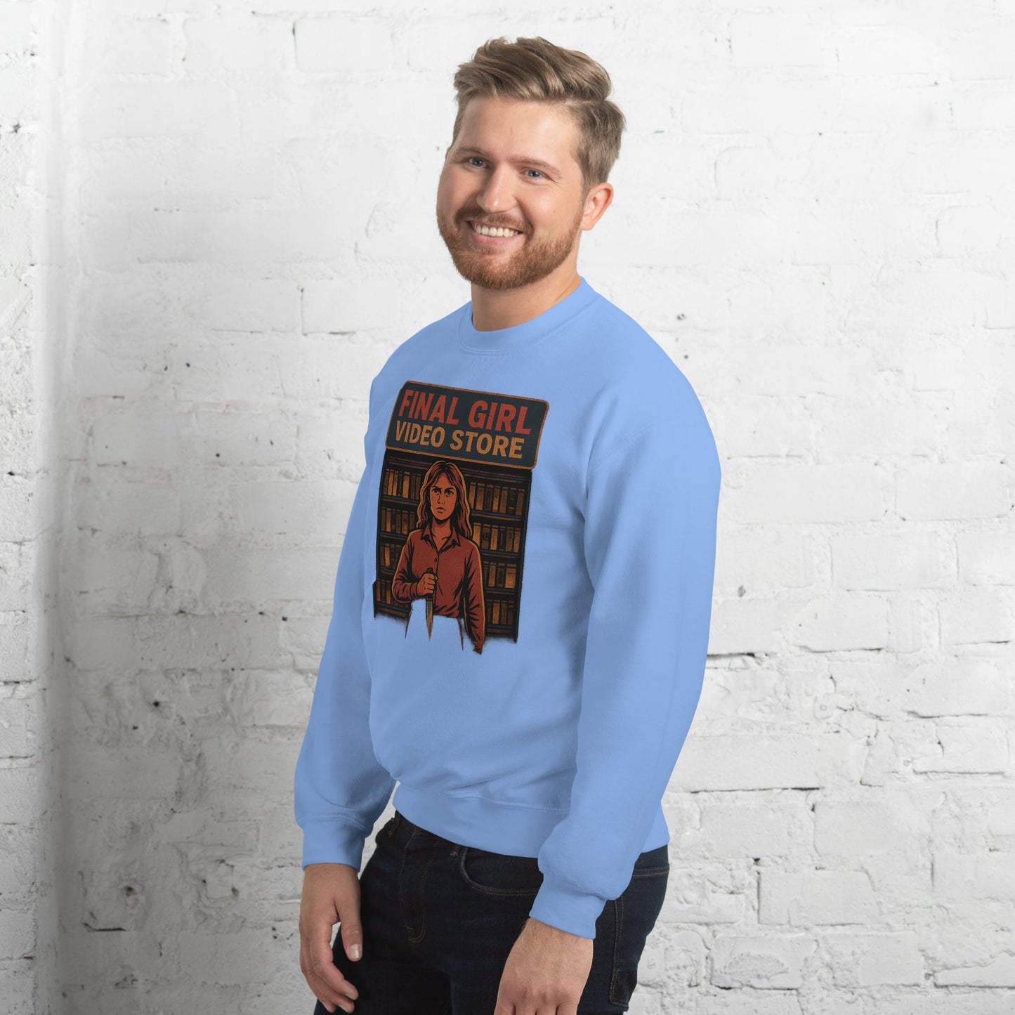 Final Girl Video Store Unisex Sweatshirt from Rare Plus Apparel – unique movie & pop culture inspired design.