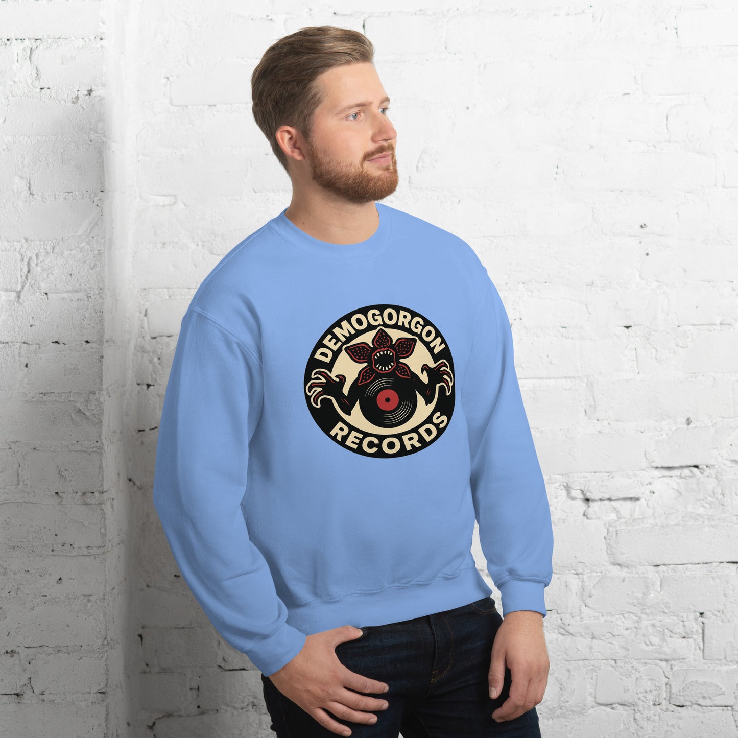 Demogorgon Records Unisex Sweatshirt from Rare Plus Apparel – unique movie & pop culture inspired design.