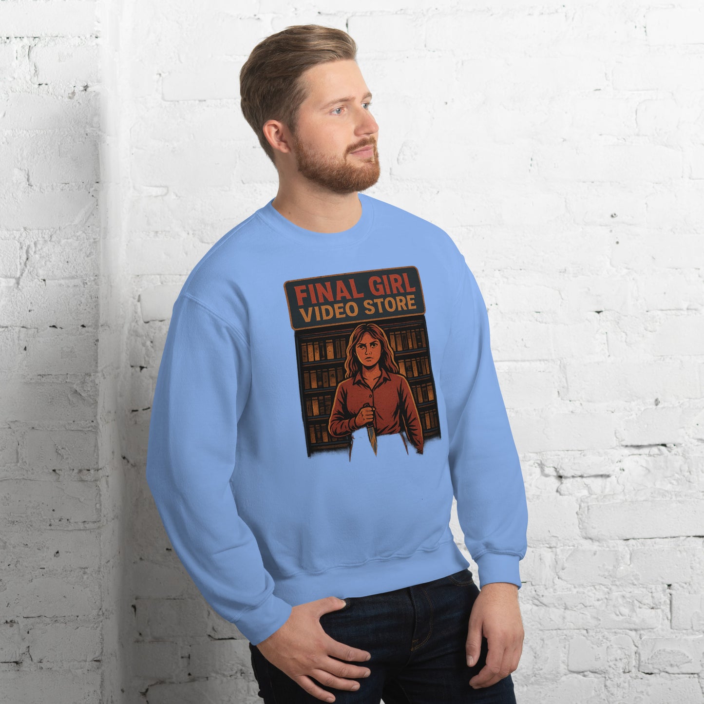 Final Girl Video Store Unisex Sweatshirt from Rare Plus Apparel – unique movie & pop culture inspired design.