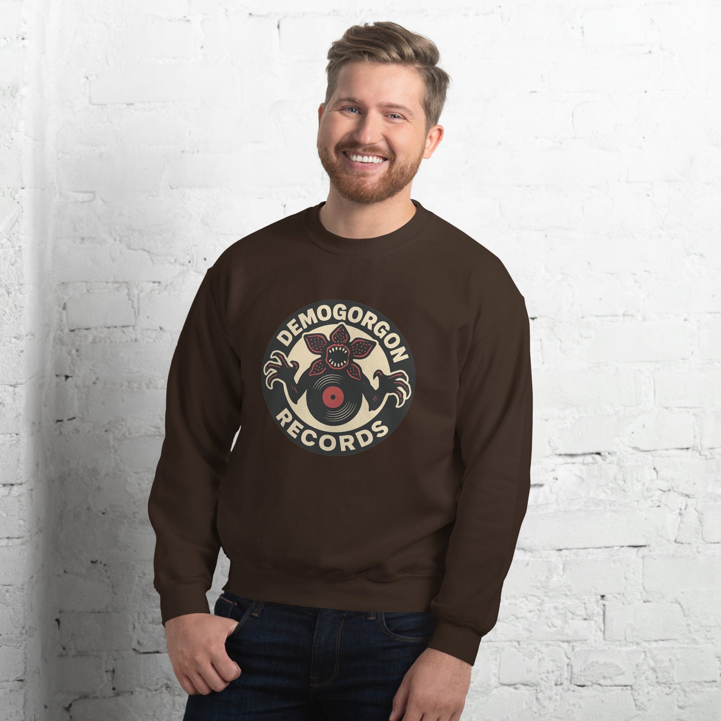 Demogorgon Records Unisex Sweatshirt from Rare Plus Apparel – unique movie & pop culture inspired design.