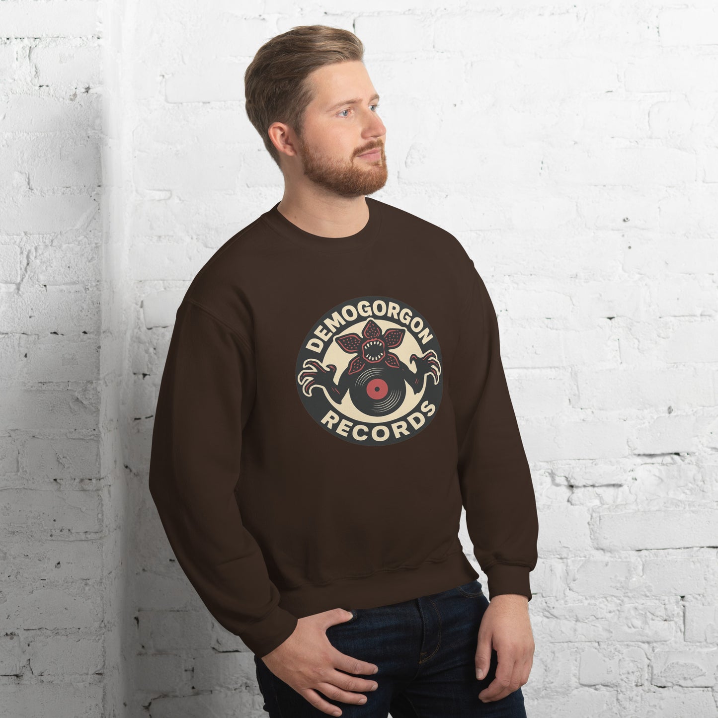 Demogorgon Records Unisex Sweatshirt from Rare Plus Apparel – unique movie & pop culture inspired design.