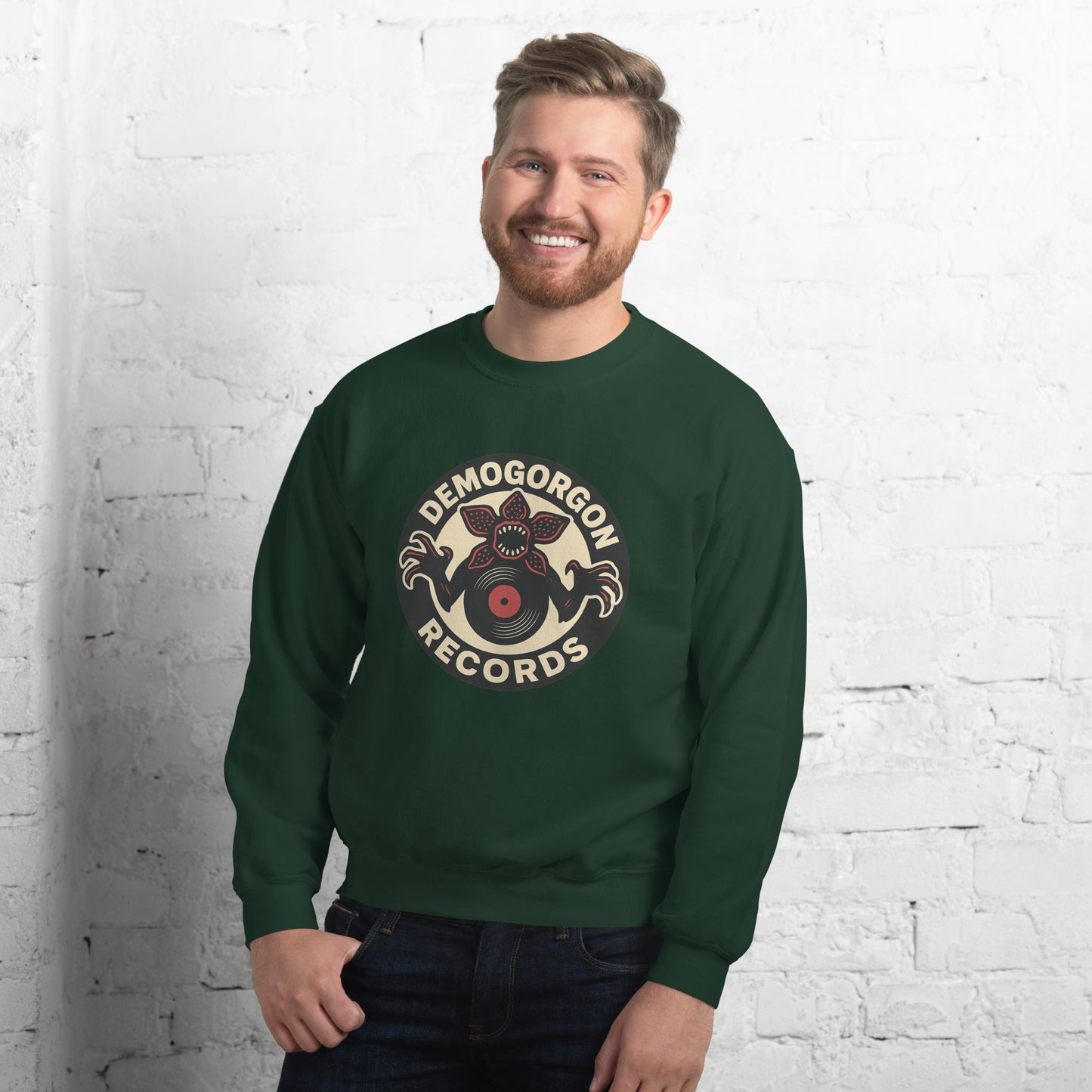 Demogorgon Records Unisex Sweatshirt from Rare Plus Apparel – unique movie & pop culture inspired design.