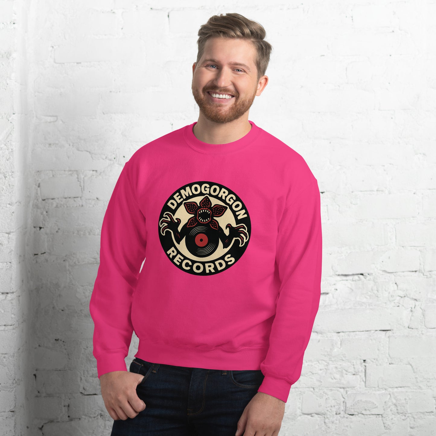 Demogorgon Records Unisex Sweatshirt from Rare Plus Apparel – unique movie & pop culture inspired design.