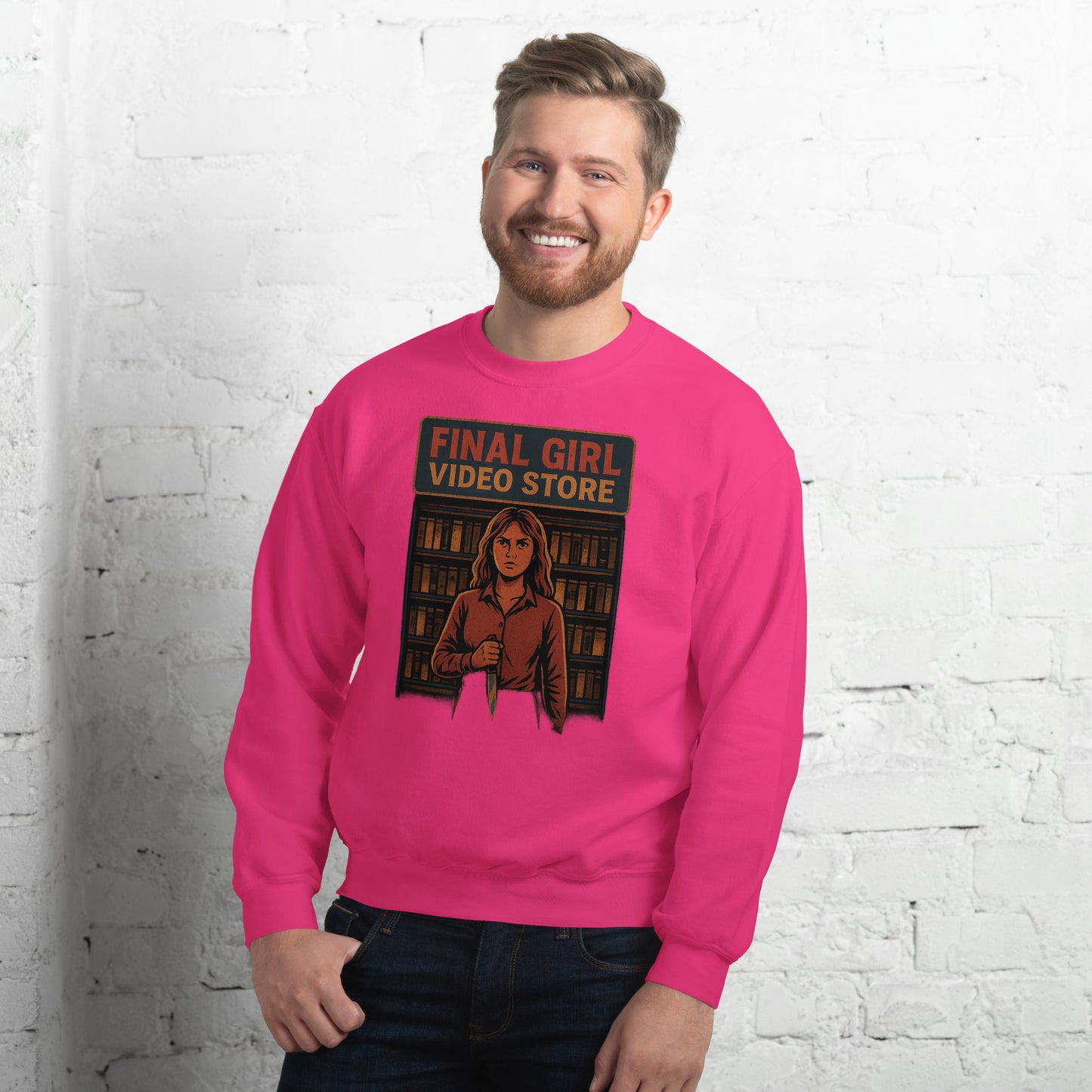 Final Girl Video Store Unisex Sweatshirt from Rare Plus Apparel – unique movie & pop culture inspired design.