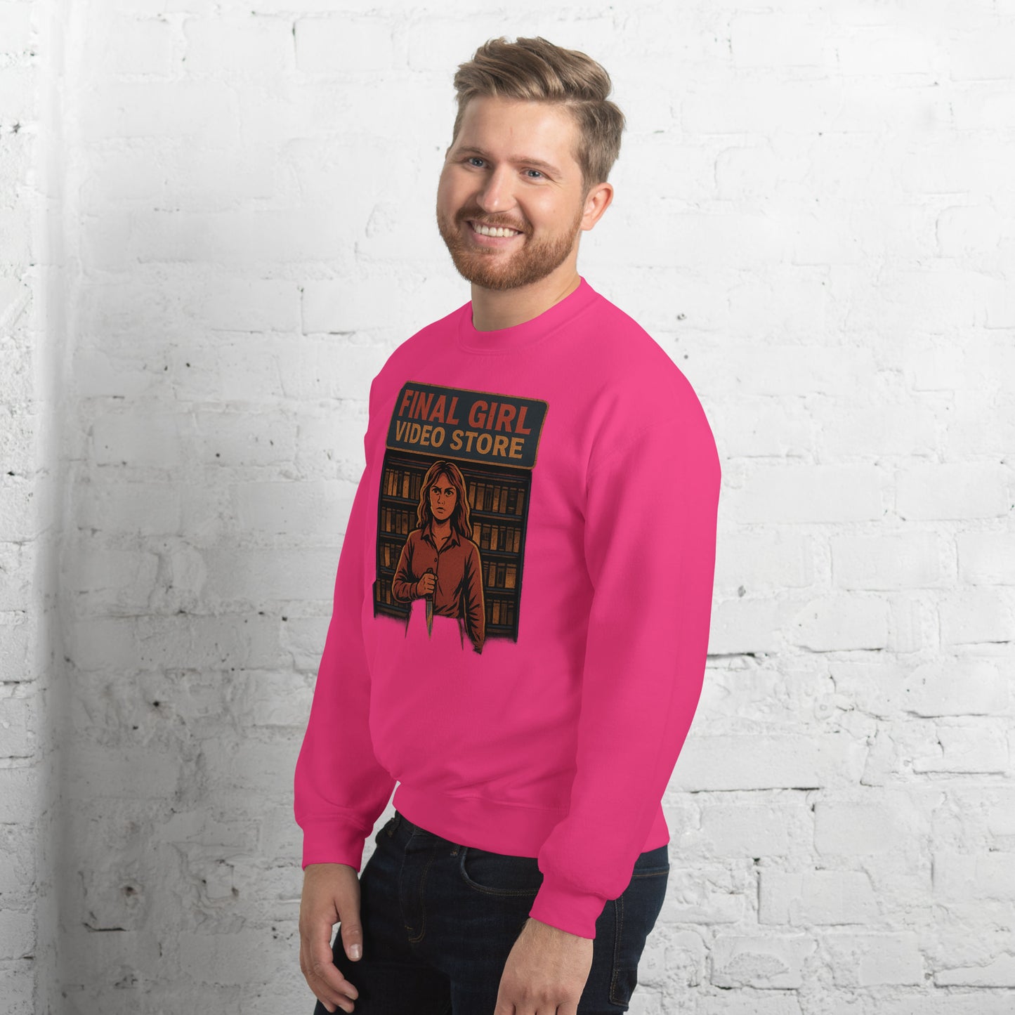 Final Girl Video Store Unisex Sweatshirt from Rare Plus Apparel – unique movie & pop culture inspired design.