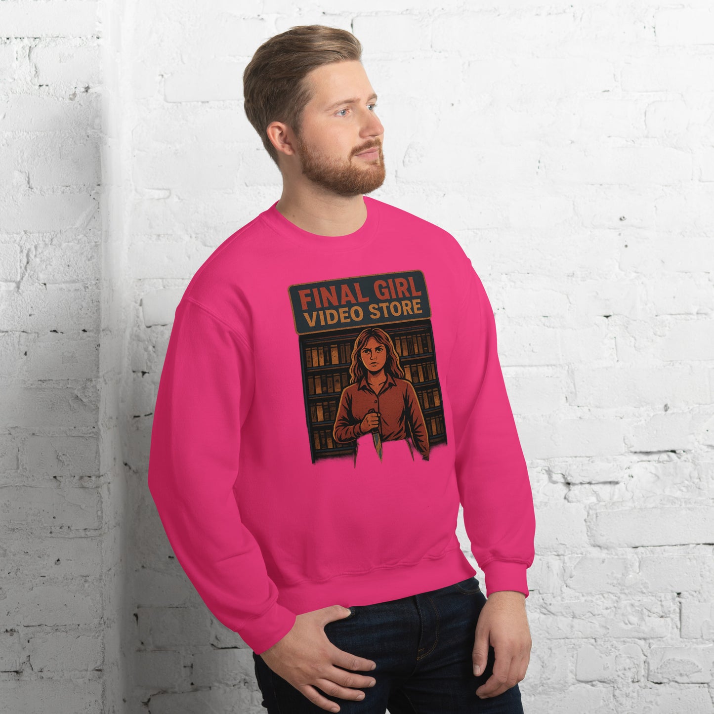 Final Girl Video Store Unisex Sweatshirt from Rare Plus Apparel – unique movie & pop culture inspired design.