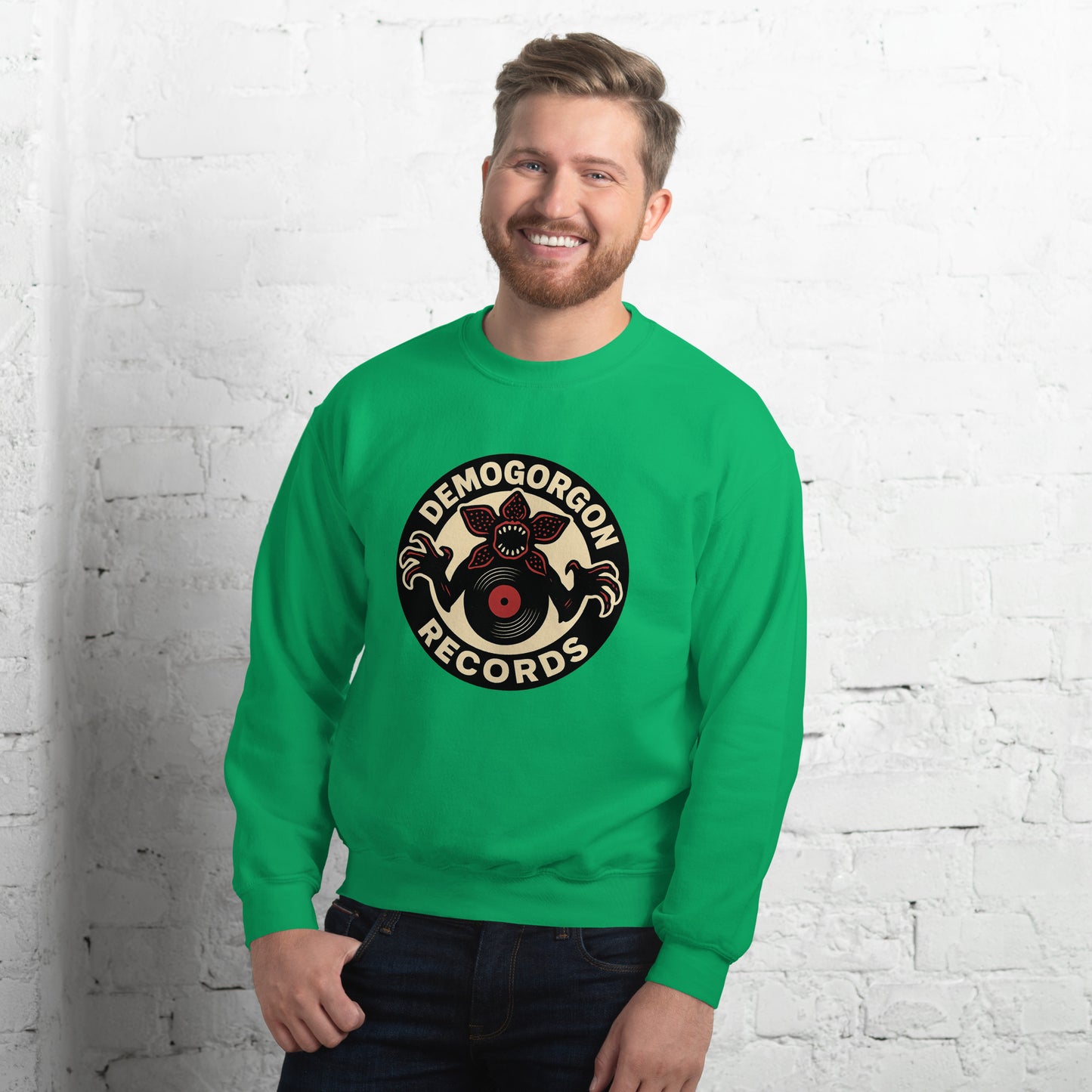 Demogorgon Records Unisex Sweatshirt from Rare Plus Apparel – unique movie & pop culture inspired design.