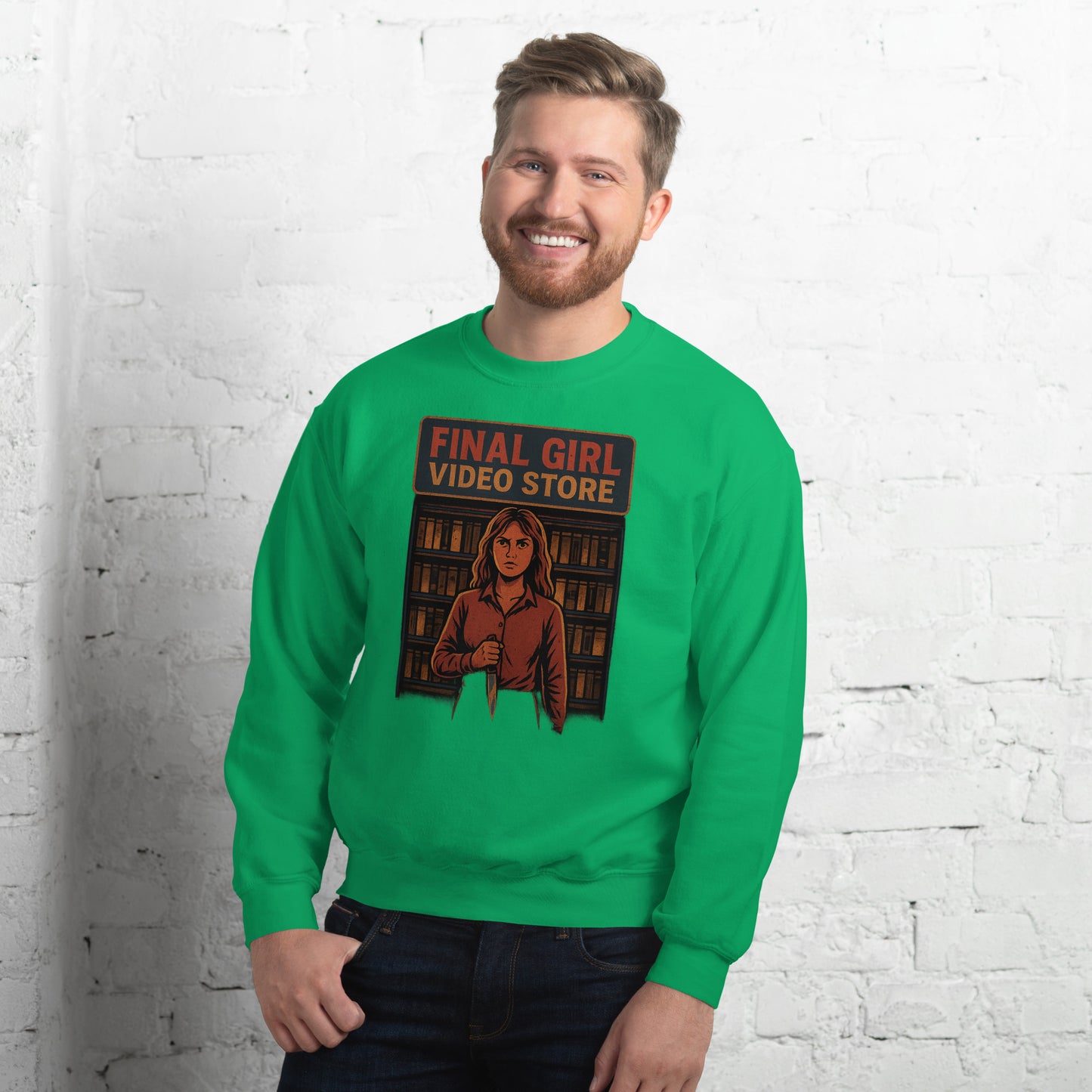 Final Girl Video Store Unisex Sweatshirt from Rare Plus Apparel – unique movie & pop culture inspired design.