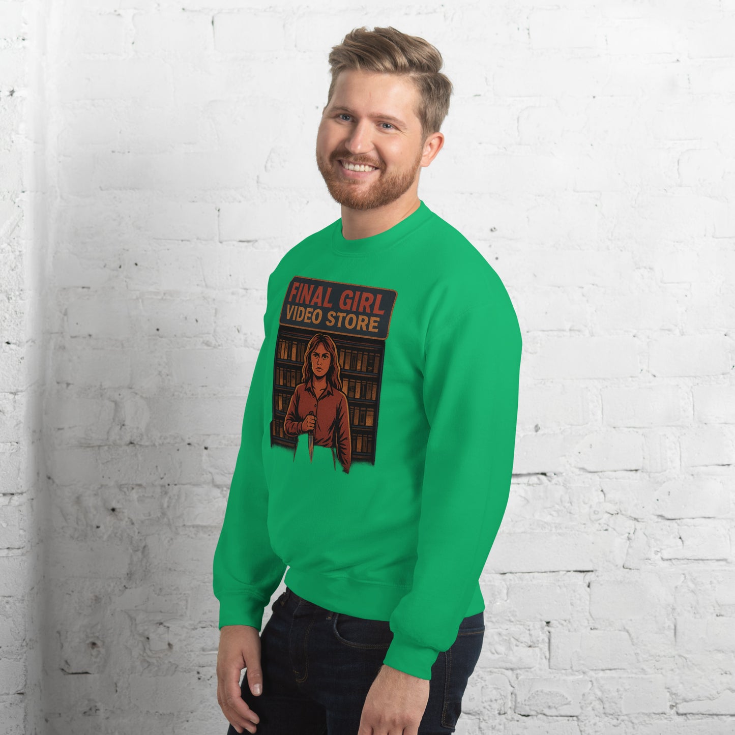Final Girl Video Store Unisex Sweatshirt from Rare Plus Apparel – unique movie & pop culture inspired design.