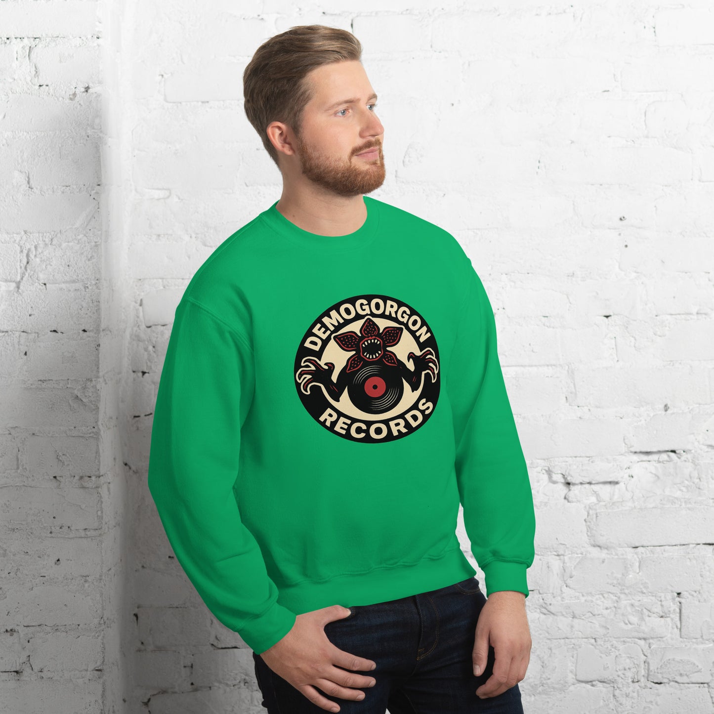 Demogorgon Records Unisex Sweatshirt from Rare Plus Apparel – unique movie & pop culture inspired design.