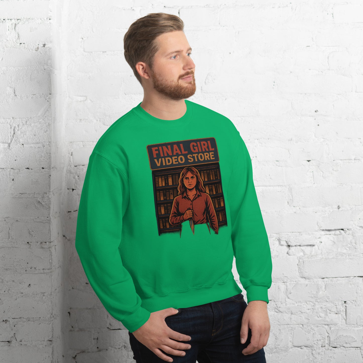 Final Girl Video Store Unisex Sweatshirt from Rare Plus Apparel – unique movie & pop culture inspired design.