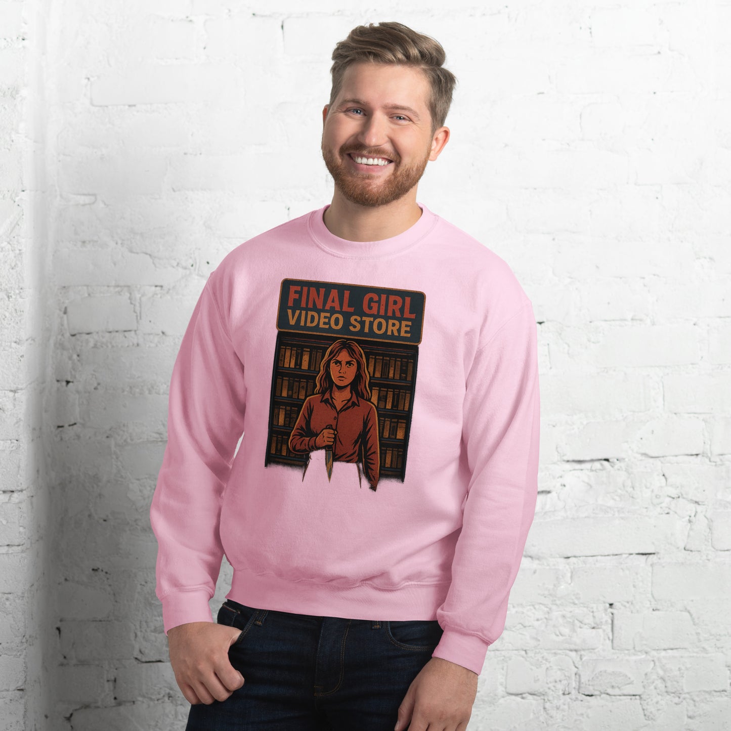 Final Girl Video Store Unisex Sweatshirt from Rare Plus Apparel – unique movie & pop culture inspired design.