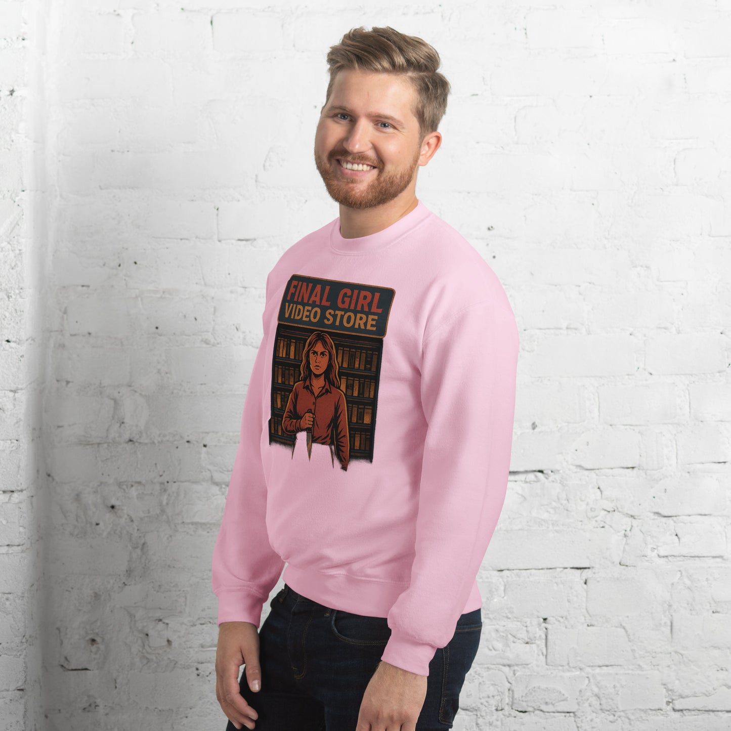 Final Girl Video Store Unisex Sweatshirt from Rare Plus Apparel – unique movie & pop culture inspired design.