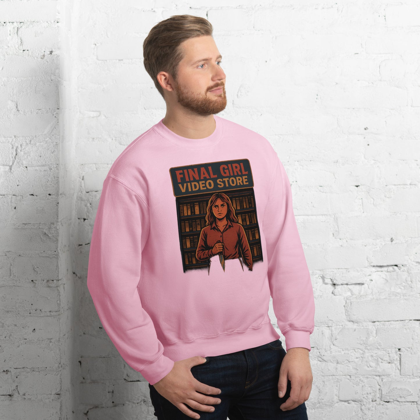 Final Girl Video Store Unisex Sweatshirt from Rare Plus Apparel – unique movie & pop culture inspired design.