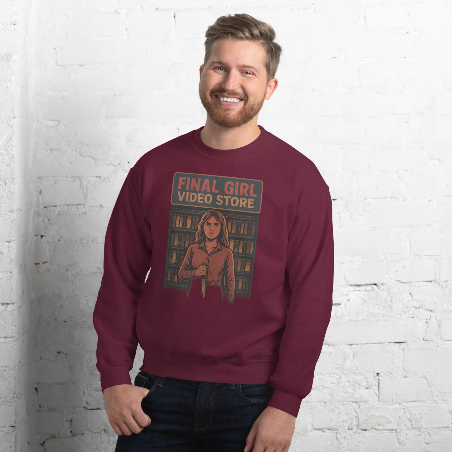 Final Girl Video Store Unisex Sweatshirt from Rare Plus Apparel – unique movie & pop culture inspired design.