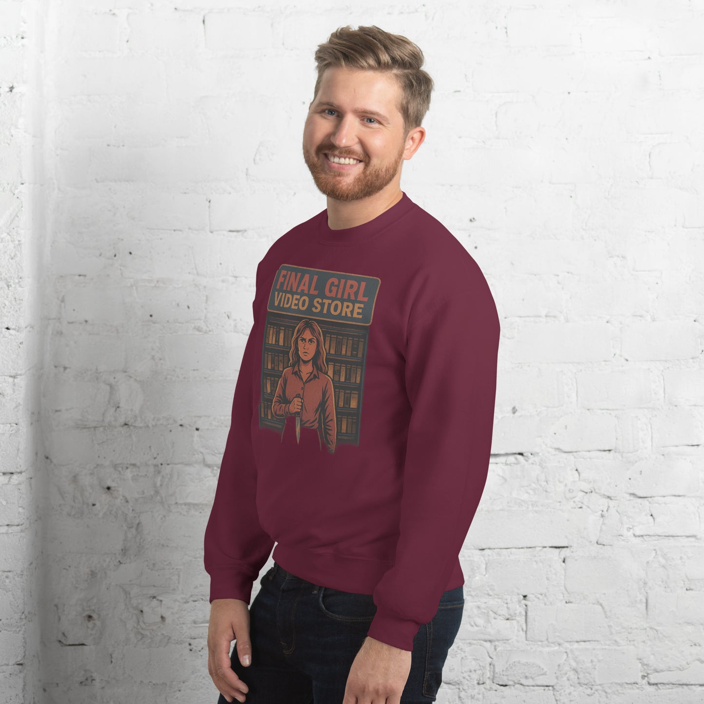 Final Girl Video Store Unisex Sweatshirt from Rare Plus Apparel – unique movie & pop culture inspired design.