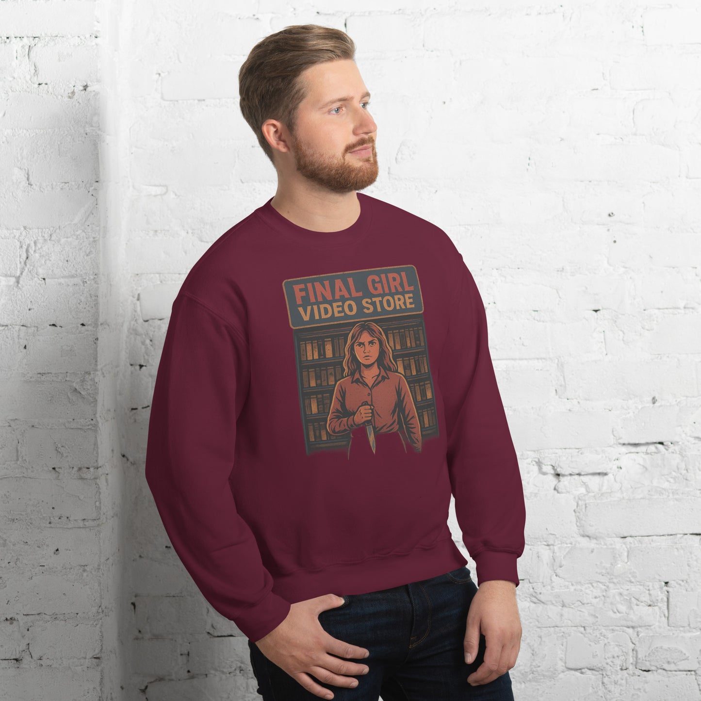 Final Girl Video Store Unisex Sweatshirt from Rare Plus Apparel – unique movie & pop culture inspired design.