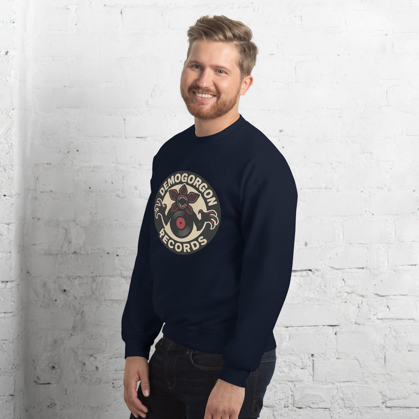 Demogorgon Records Unisex Sweatshirt from Rare Plus Apparel – unique movie & pop culture inspired design.