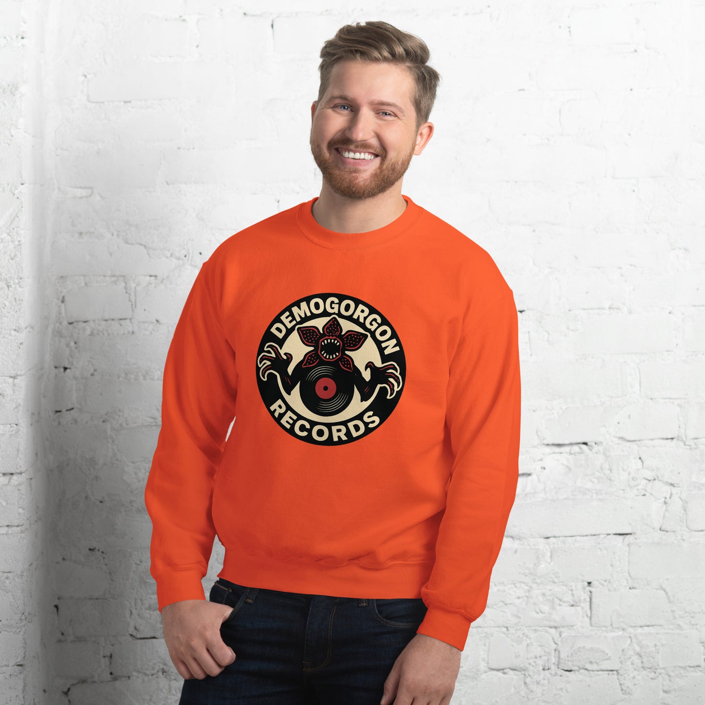 Demogorgon Records Unisex Sweatshirt from Rare Plus Apparel – unique movie & pop culture inspired design.