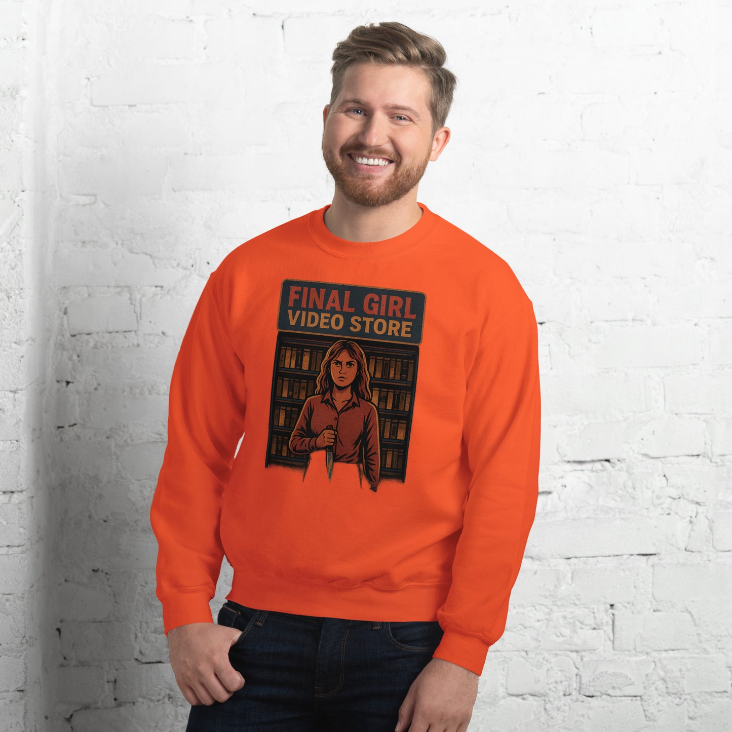 Final Girl Video Store Unisex Sweatshirt from Rare Plus Apparel – unique movie & pop culture inspired design.
