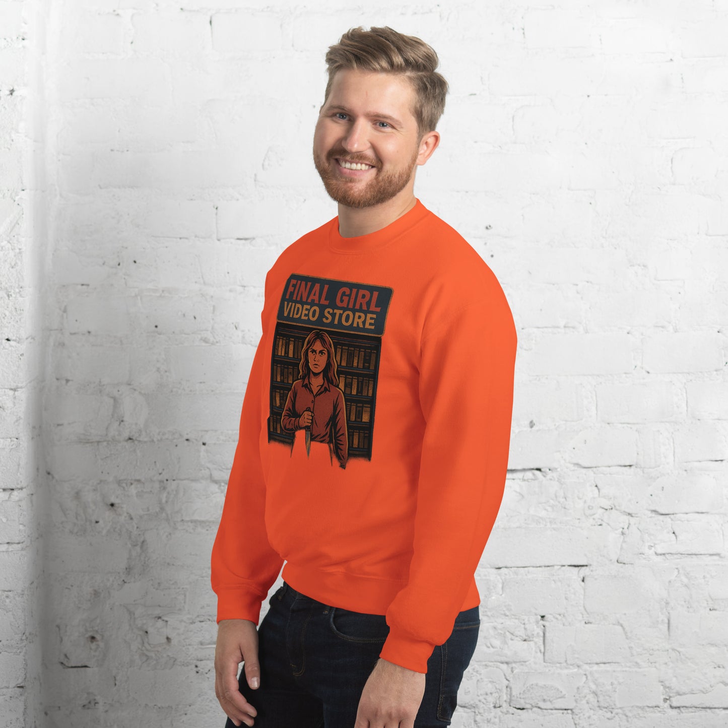 Final Girl Video Store Unisex Sweatshirt from Rare Plus Apparel – unique movie & pop culture inspired design.