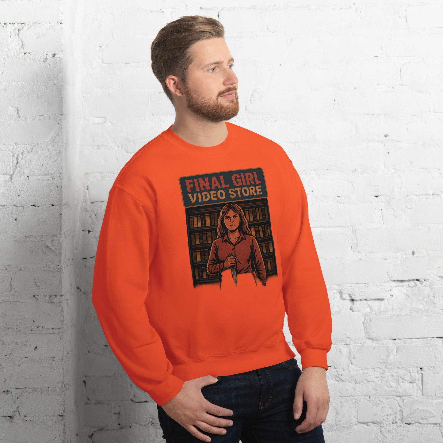 Final Girl Video Store Unisex Sweatshirt from Rare Plus Apparel – unique movie & pop culture inspired design.