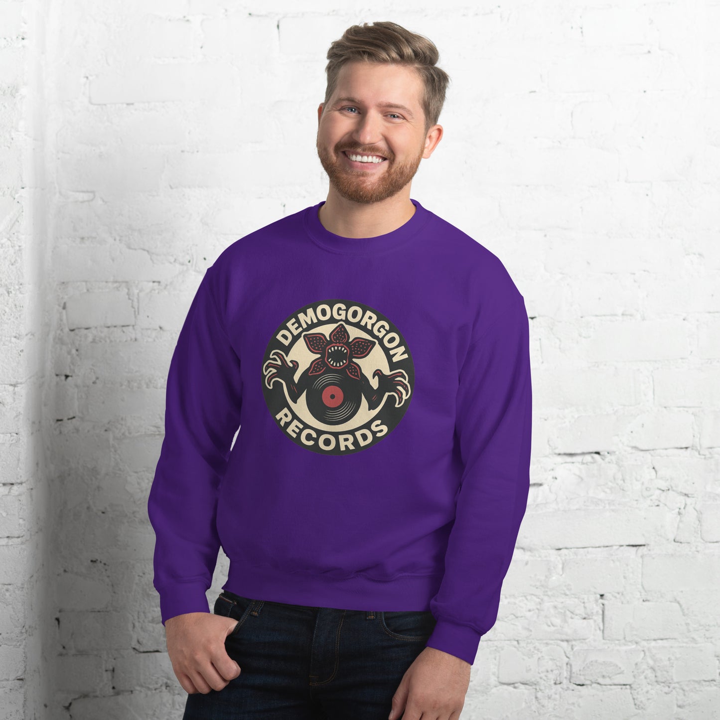 Demogorgon Records Unisex Sweatshirt from Rare Plus Apparel – unique movie & pop culture inspired design.