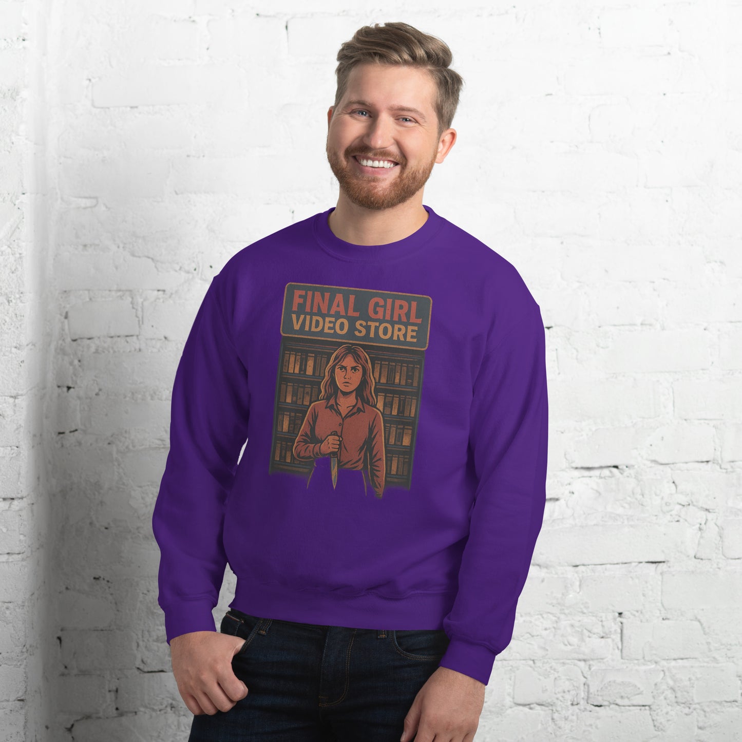 Final Girl Video Store Unisex Sweatshirt from Rare Plus Apparel – unique movie & pop culture inspired design.