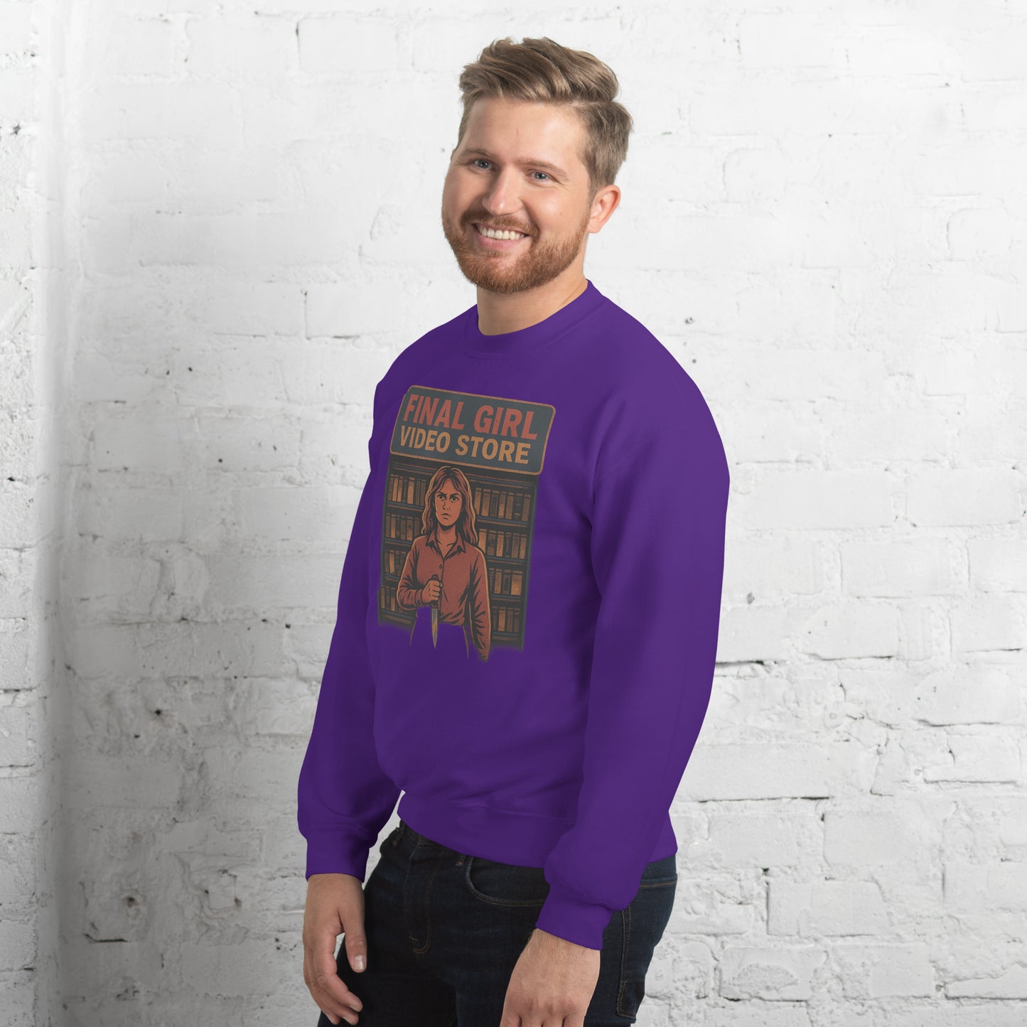 Final Girl Video Store Unisex Sweatshirt from Rare Plus Apparel – unique movie & pop culture inspired design.