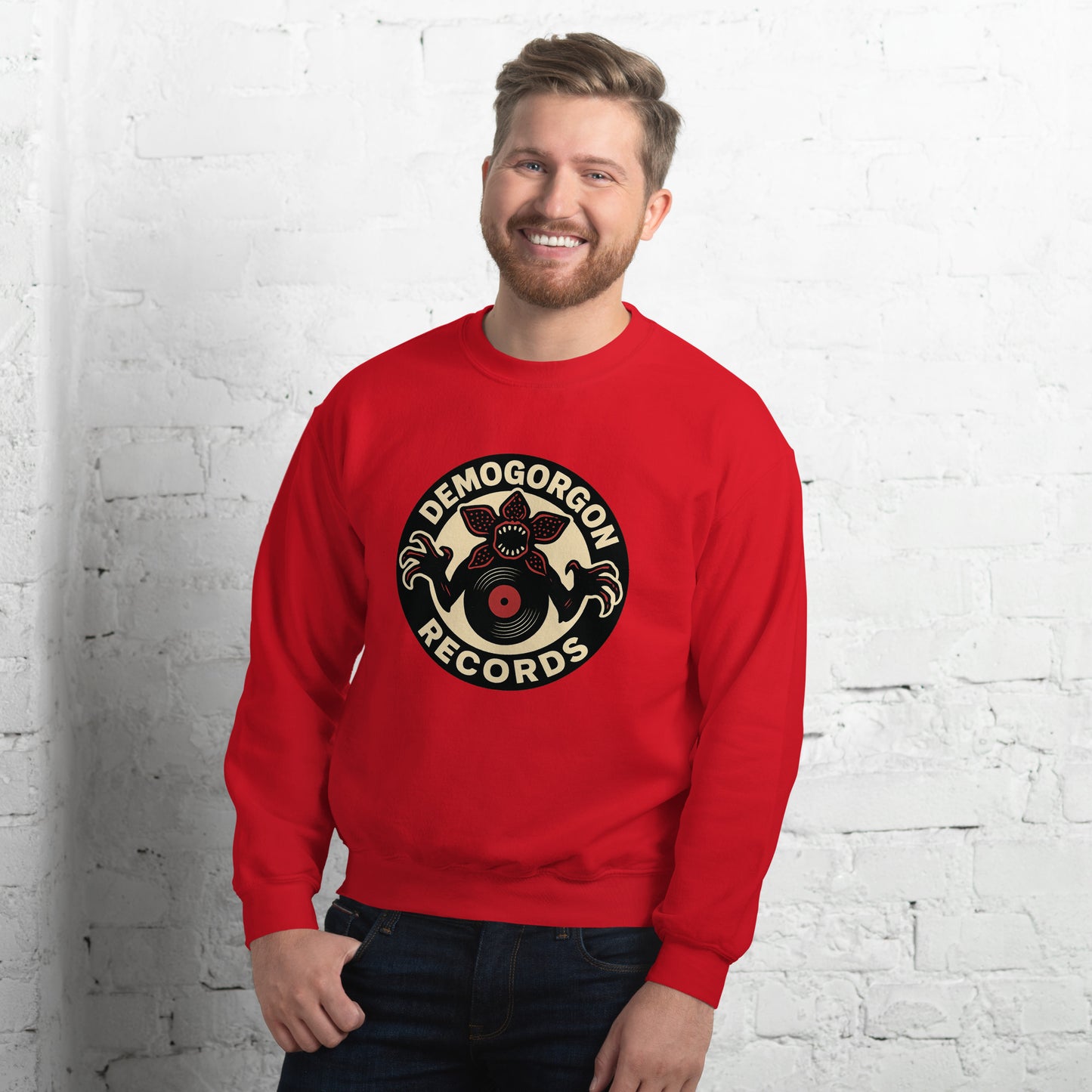Demogorgon Records Unisex Sweatshirt from Rare Plus Apparel – unique movie & pop culture inspired design.