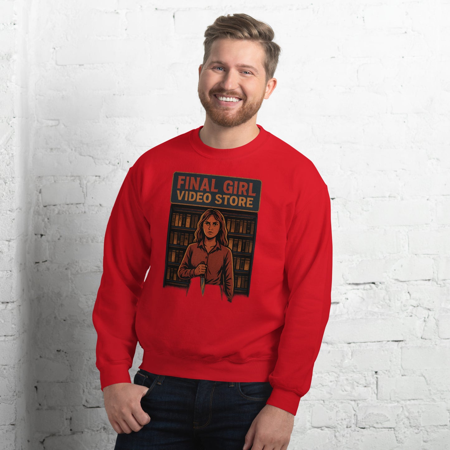 Final Girl Video Store Unisex Sweatshirt from Rare Plus Apparel – unique movie & pop culture inspired design.