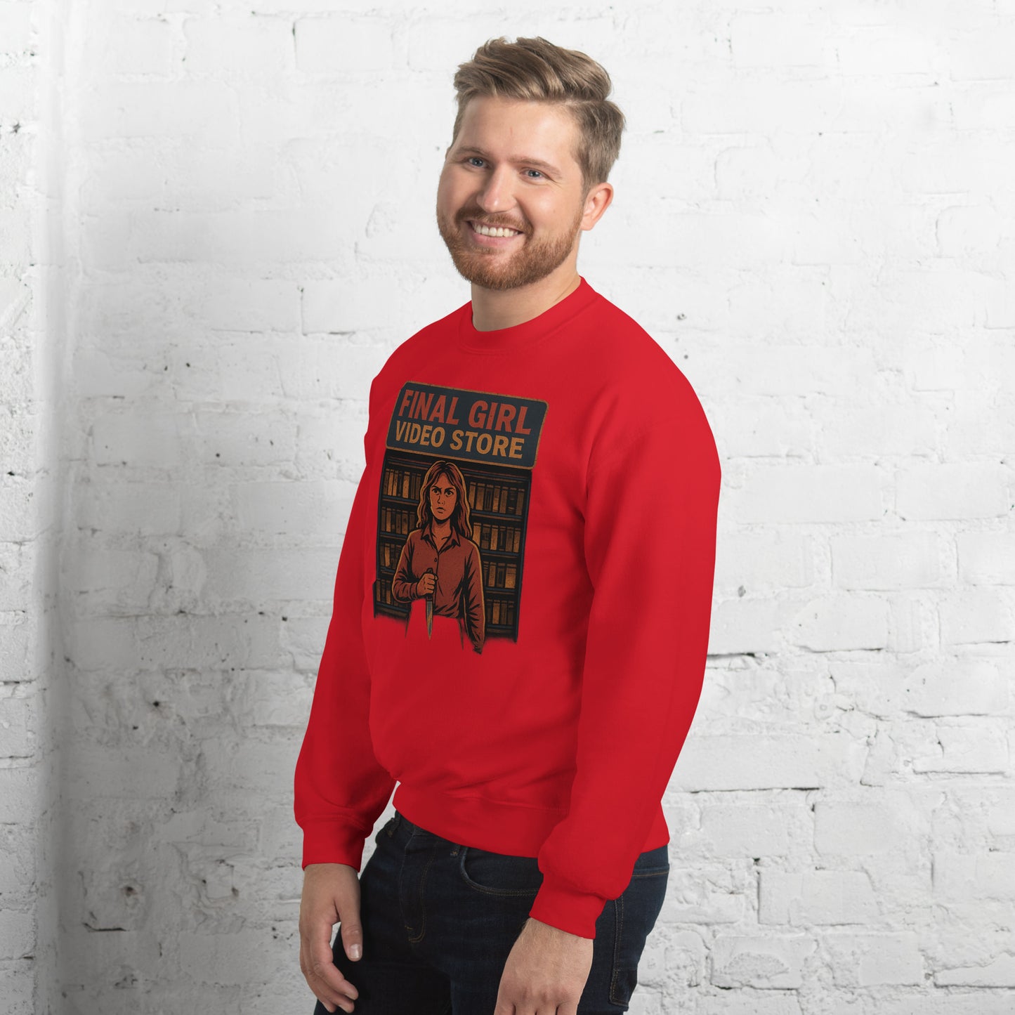 Final Girl Video Store Unisex Sweatshirt from Rare Plus Apparel – unique movie & pop culture inspired design.