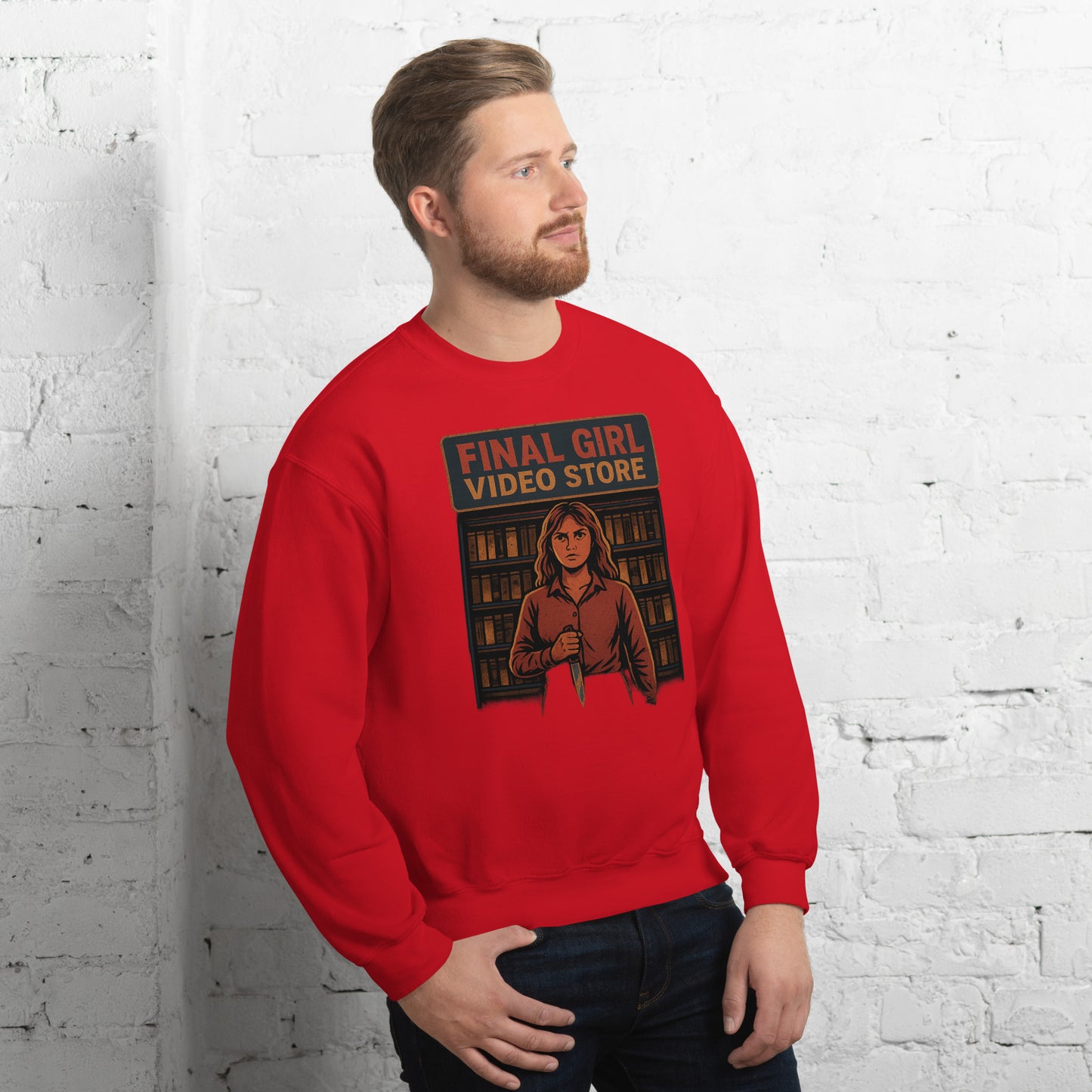 Final Girl Video Store Unisex Sweatshirt from Rare Plus Apparel – unique movie & pop culture inspired design.