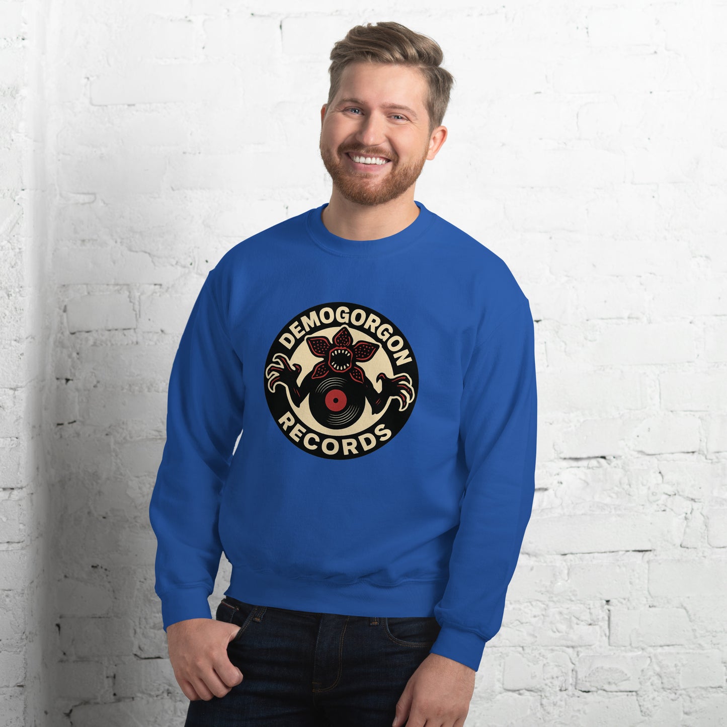 Demogorgon Records Unisex Sweatshirt from Rare Plus Apparel – unique movie & pop culture inspired design.