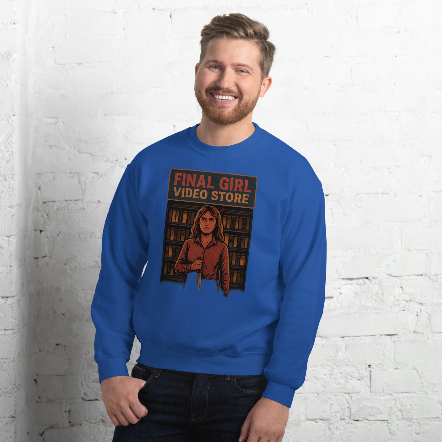 Final Girl Video Store Unisex Sweatshirt from Rare Plus Apparel – unique movie & pop culture inspired design.