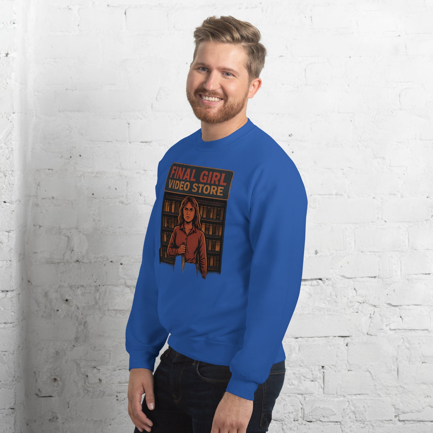 Final Girl Video Store Unisex Sweatshirt from Rare Plus Apparel – unique movie & pop culture inspired design.