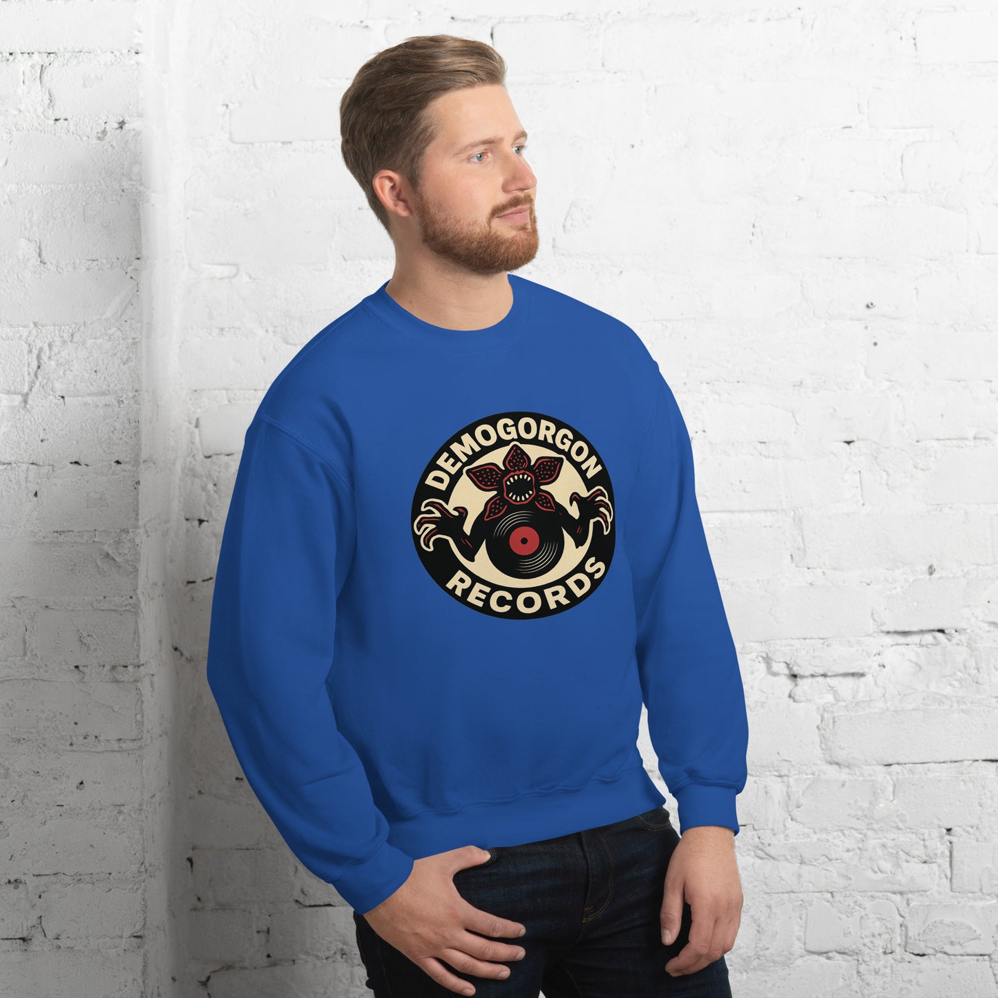 Demogorgon Records Unisex Sweatshirt from Rare Plus Apparel – unique movie & pop culture inspired design.