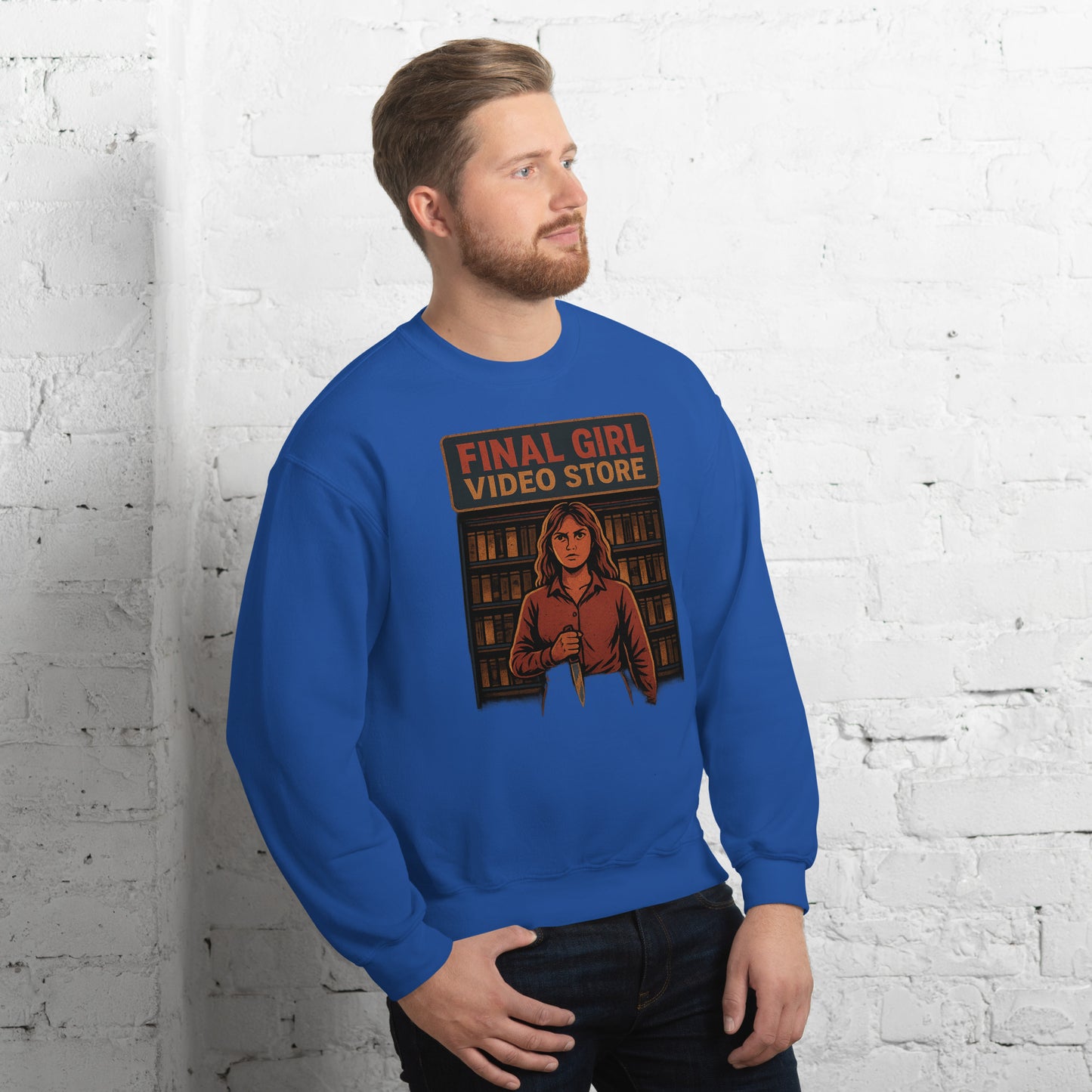 Final Girl Video Store Unisex Sweatshirt from Rare Plus Apparel – unique movie & pop culture inspired design.