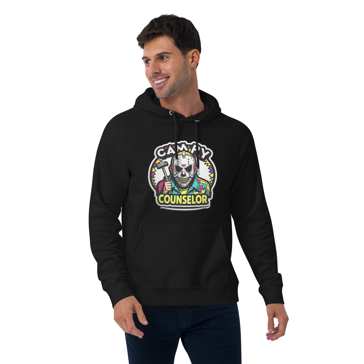 Campy Counselor Unisex eco raglan hoodie from Rare Plus Apparel – unique movie & pop culture inspired design.