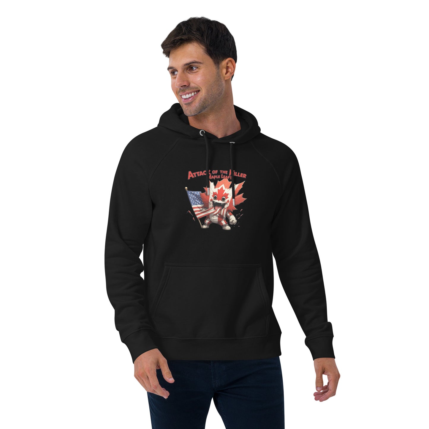 Maple Mayhem Unisex eco raglan hoodie from Rare Plus Apparel – unique movie & pop culture inspired design.