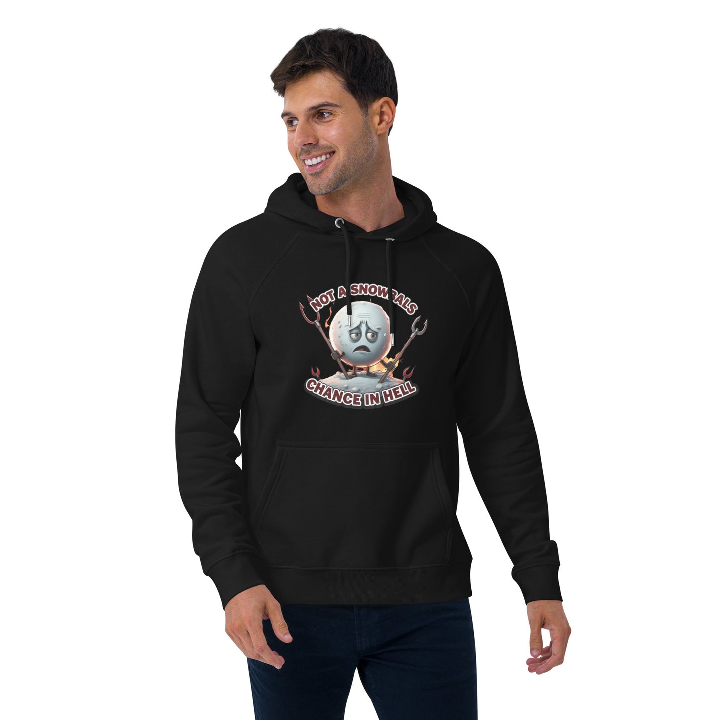 Not a Snowball’s Chance in Hell Unisex eco raglan hoodie from Rare Plus Apparel – unique movie & pop culture inspired design.