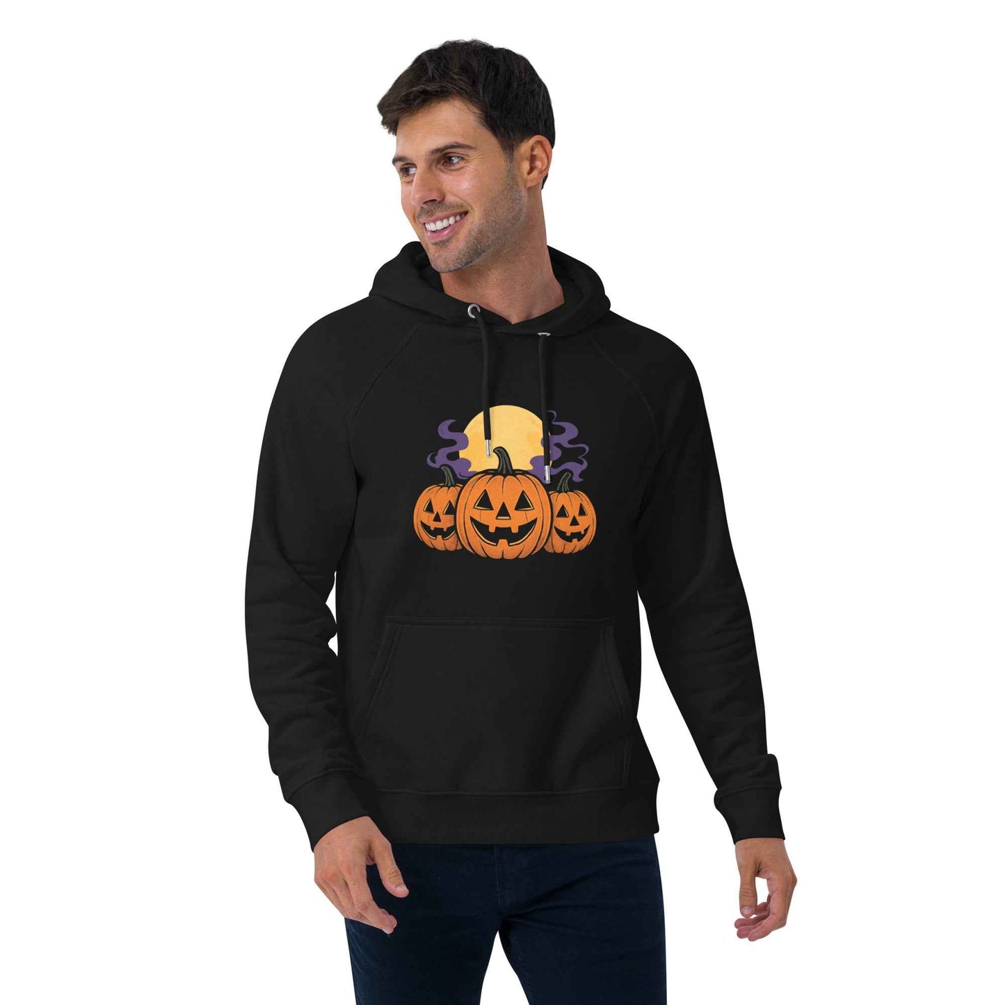 “Midnight Pumpkins” The Jack-O-Lantern Parade Unisex eco raglan hoodie