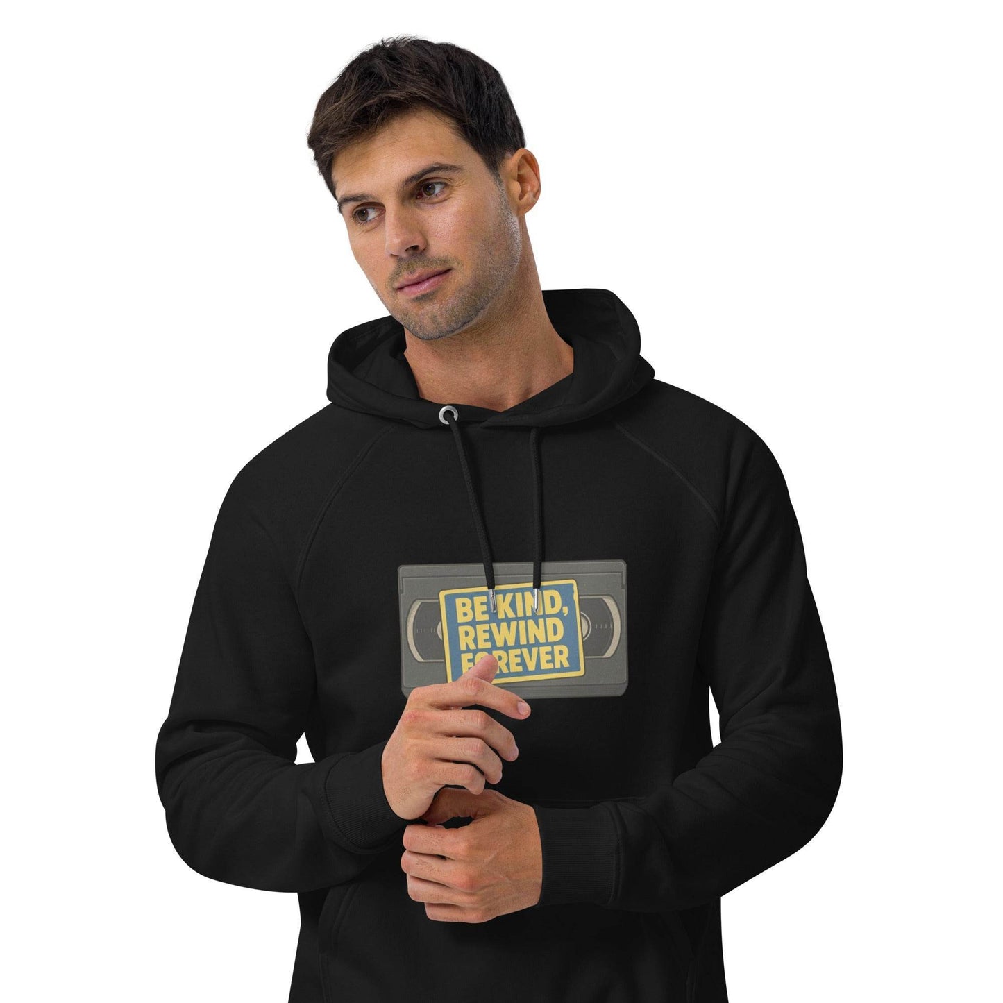 Be Kind, Rewind Forever Unisex eco raglan hoodie from Rare Plus Apparel – unique movie & pop culture inspired design.
