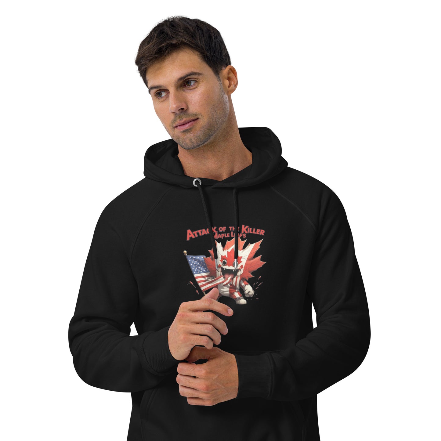 Maple Mayhem Unisex eco raglan hoodie from Rare Plus Apparel – unique movie & pop culture inspired design.